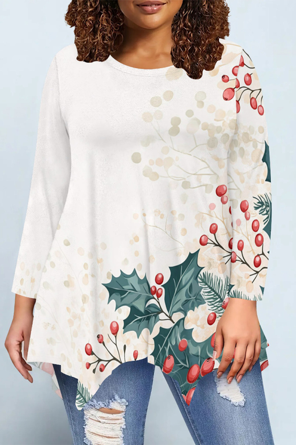 Off White Floral Print O Neck Long Sleeve Irregular Hem Casual Outing Blouse