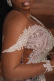 Sliver Sleeveless Sequins Deep V-Neck Intricate Beading Long Sleeve Evening Party Gown Bodycon Glitter Prom Mini Dress