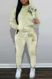 Light Green Floral Print Long Sleeve Hooded Sweatshirt and Skinny Pants Casual Sportwear Two Pieces Jogger Sets