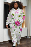 Purple Floral Print Long Sleeve Hooded Sweatshirt and Straight Pant Casual Sportwear Plus Size Two Pieces Tracksuit Set