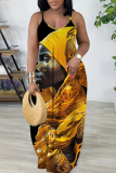 Brown African Girl Print Sleeveless Backless Spaghetti Strap Floor Length Vacation Baggy Sundress Maxi Slip Dress