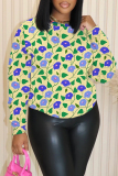 Blue Floral Print O Neck Long Sleeve Casual Outing Plus Size Fall Winter Sweatshirt