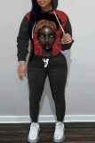 Orange African Girl Print Long Sleeve Hooded Sweatshirt and Skinny Pants Casual Sportwear Matching Sweatsuit set