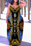 Dark Blue Graphics Print Sleeveless Backless Spaghetti Strap Floor Length Vacation Baggy Sundress Maxi Slip Dress