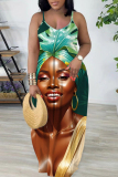 Brown African Girl Print Sleeveless Backless Spaghetti Strap Floor Length Vacation Baggy Sundress Maxi Slip Dress