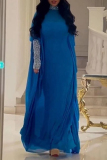 Blue Beaded Decor Turtleneck and Cape Sleeve Chiffon Maxi Sheer Overlay and Bodycon Tube Maxi Dress Two Pieces Dress Sets