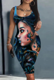 Earthy Yellow Figure Print Sleeveless U Neck Knee Length Casual Outing Bodycon Vest Midi Dress
