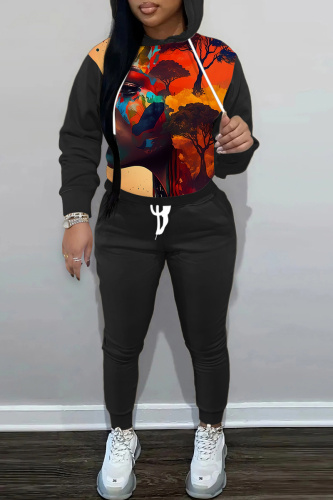 Orange African Girl Print Long Sleeve Hooded Sweatshirt and Skinny Pants Casual Sportwear Matching Sweatsuit set