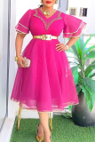 Black African Beads Trim V Neck Ruffle Sleeve With Belt Mesh Sheer Long Plus Size Pleated Midi Dresses