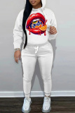 White Figure Lips Print Long Sleeve Hooded Sweatshirt and Skinny Pant Casual Sportwear 2 Piece Sweatsuit