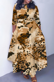 Brown Graphics Print O Neck 3/4 Sleeve Belted Waist Casual Outing Plus Size Straight Loose Maxi Dresses