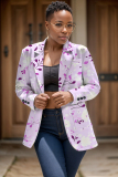 White Formal Office Casual Floral Print Cardigan Turn-back Collar Long Sleeve Blazer Jackets