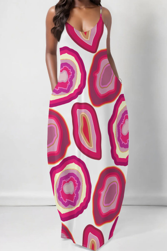 Rose Red Geometric Polka Dot Print Sleeveless Backless Spaghetti Strap Floor Length Vacation Baggy Sundress Maxi Slip Dress