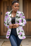 White Formal Office Casual Floral Print Cardigan Turn-back Collar Long Sleeve Blazer Jackets