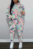 White Floral Print  Long Sleeve Hooded Sweatshirt and Skinny Pant Casual Sportwear Oversized Two Piece Matching Sweatsuit Set