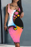 Black Yellow Graphics Print Sleeveless U Neck Knee Length Casual Outing Bodycon Vest Midi Dress