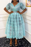 Light Green V Neck Short Sleeve Floral Lace Midi Dress and Black Cami Dress Plus Size Two Pieces Dress