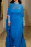 Blue Beaded Decor Turtleneck and Cape Sleeve Chiffon Maxi Sheer Overlay and Bodycon Tube Maxi Dress Two Pieces Dress Sets