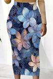 Multicolor Grey Flowers Heart Shaped Faux Denim Print Contrast High Waist Wrap Casual Outing Maxi Skirt