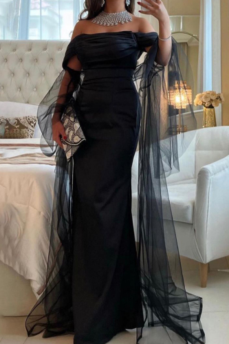 Off-Shoulder Long Sheer Cape Sleeve with Long Tulle Train Ruched Formal Evening Gown Bodycon Maxi Tube Dresses