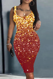 Black Yellow Graphics Print Sleeveless U Neck Knee Length Casual Outing Bodycon Vest Midi Dress
