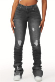 Grey Casual High Waist Distressed Ripped Stacked Pants Denim Jeans