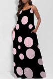 Rose Red Geometric Polka Dot Print Sleeveless Backless Spaghetti Strap Floor Length Vacation Baggy Sundress Maxi Slip Dress