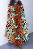Orange Leopard Butterfly Print O Neck 3/4 Sleeve Belted Waist Casual Outing Plus Size Straight Loose Maxi Dresses