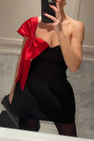 Black One-Shoulder with Large Red Satin Bow Sleeveless Strapless Evening Prom Gown Night Out Tube Mini Dresses
