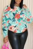 Blue Floral Print O Neck Long Sleeve Casual Outing Plus Size Fall Winter Sweatshirt