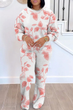 Orange Floral Print O Neck Long Sleeve Sweatshirt And Pants Sportwear Casual Two Pieces Jogger Sets