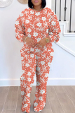 Orange Floral Print O Neck Long Sleeve Sweatshirt And Pants Sportwear Casual Two Pieces Jogger Sets
