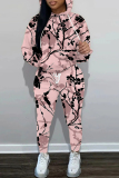 White Floral Print  Long Sleeve Hooded Sweatshirt and Skinny Pant Casual Sportwear Oversized Two Piece Matching Sweatsuit Set