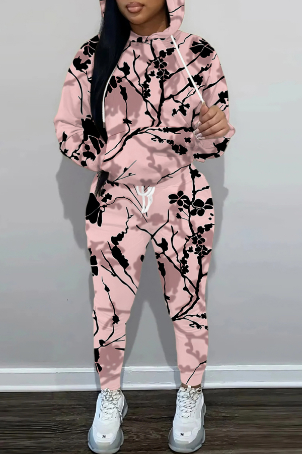 White Floral Print  Long Sleeve Hooded Sweatshirt and Skinny Pant Casual Sportwear Oversized Two Piece Matching Sweatsuit Set