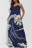 Rose Red Geometric Polka Dot Print Sleeveless Backless Spaghetti Strap Floor Length Vacation Baggy Sundress Maxi Slip Dress