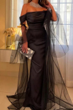 Off-Shoulder Long Sheer Cape Sleeve with Long Tulle Train Ruched Formal Evening Gown Bodycon Maxi Tube Dresses