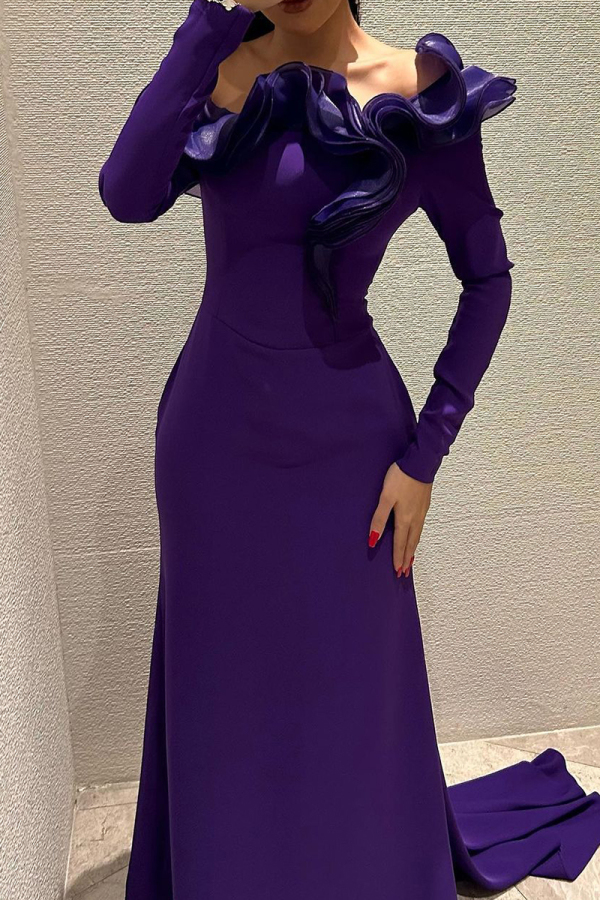 Purple Backless Ruffled Trim Off Shoulder Trailing Formal Evening Party Prom Maxi Dresses