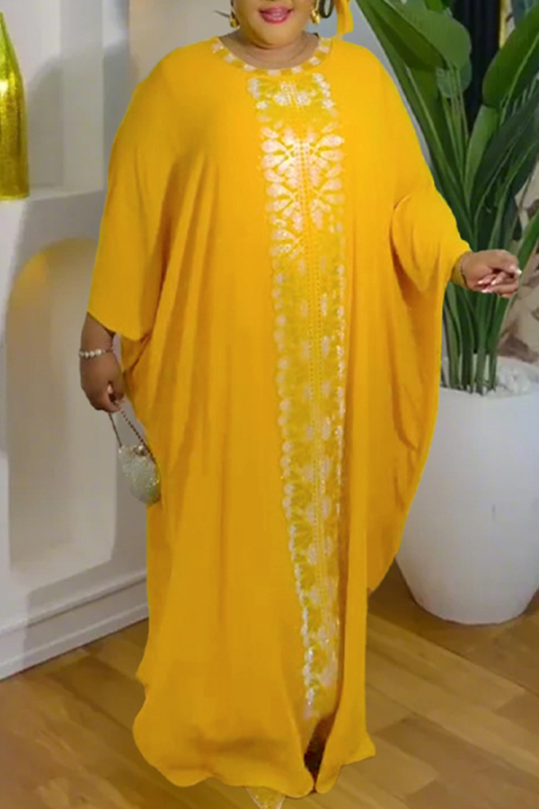 Yellow African Print O Neck Bat-wing Sleeve Casual Wear Loose Kaftan Maxi Dress With Tank Dress Two Pieces Dress Sets