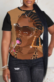 Black Casual African Girl Print O Neck Short Sleeve Oversize Graphics T-Shirts
