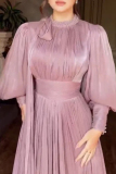 Pink Bow-Tie Crewneck Lantern Sleeve Formal Evening Party Prom Gown Pleated Maxi Satin Dresses