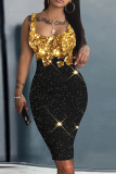Black Yellow Graphics Print Sleeveless U Neck Knee Length Casual Outing Bodycon Vest Midi Dress