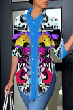 Yellow Butterfly Print Turndown Collar Long Sleeve Button-Front Casual Outing Blouse Office Shirt Tops