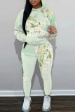 Light Green Floral Print Long Sleeve Hooded Sweatshirt and Skinny Pants Casual Sportwear Two Pieces Jogger Sets