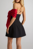 Black One-Shoulder with Large Red Satin Bow Sleeveless Strapless Evening Prom Gown Night Out Tube Mini Dresses