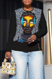Dark Brown Casual Figure Print O Neck Long Sleeve Fall Winter Sweatshirt