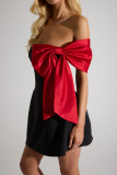 Black One-Shoulder with Large Red Satin Bow Sleeveless Strapless Evening Prom Gown Night Out Tube Mini Dresses