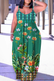 Dark Blue Graphics Print Sleeveless Backless Spaghetti Strap Floor Length Vacation Baggy Sundress Maxi Slip Dress