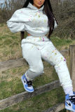 Light Cyan Floral Print Long Sleeve Hooded Sweatshirt and Skinny Pant Casual Sportwear Plus Size Two Pieces Jogger Sets