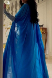 Blue Beaded Decor Turtleneck and Cape Sleeve Chiffon Maxi Sheer Overlay and Bodycon Tube Maxi Dress Two Pieces Dress Sets