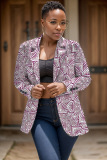 Brown Formal Office Casual Graphics Print Cardigan Turn-back Collar Long Sleeve Blazer Jackets